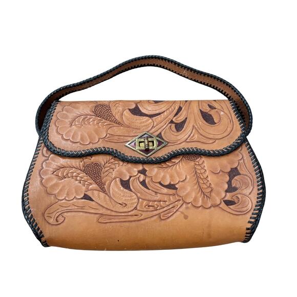 Vintage 1970s Hand-Tooled Leather Top Handle Bag - Picture 2 of 8